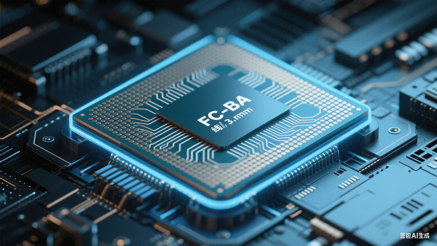 類載板（SLP）高密度互連示意圖，展示 3μm 線寬布線與 FC-BGA 封裝結(jié)構(gòu)，支持 HBM 芯片堆疊集成