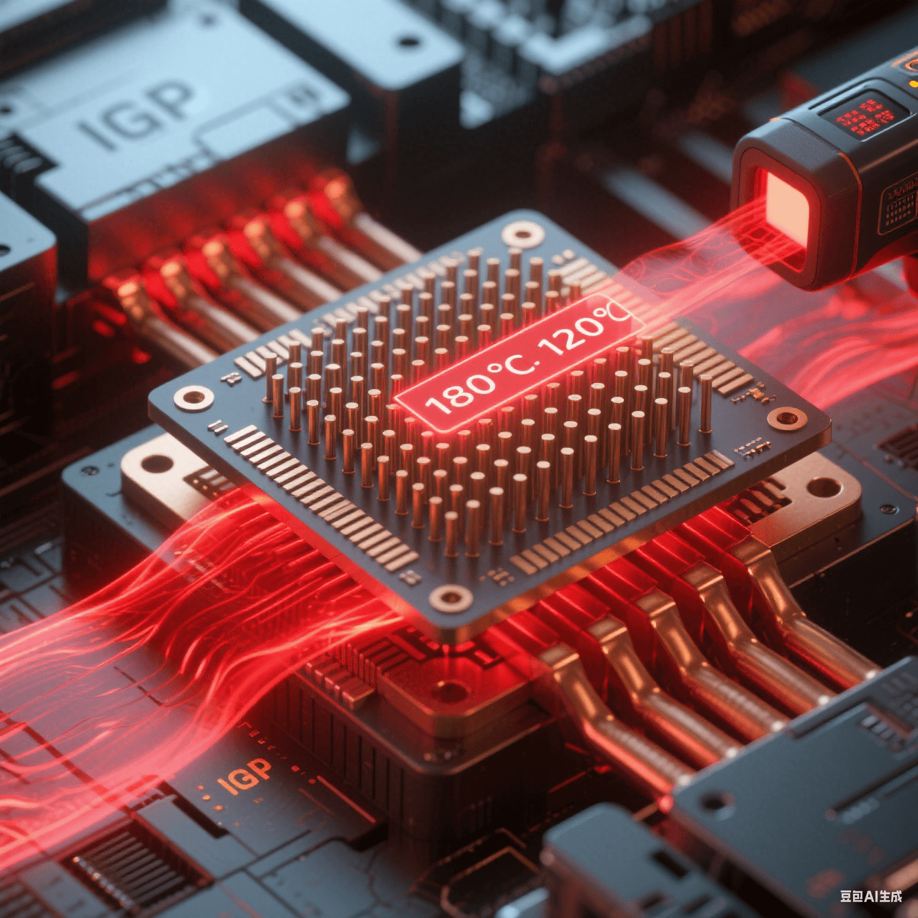 碳化硅微柱陣列嵌入銅熱沉，紅色熱流穿過柱體擴散