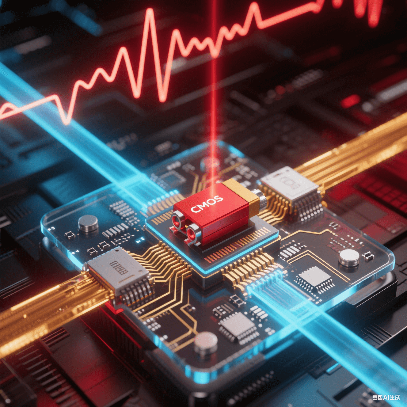 透明基板內部：激光器（紅光）與 CMOS 電路（金線）通過硅光波導（藍光）互連