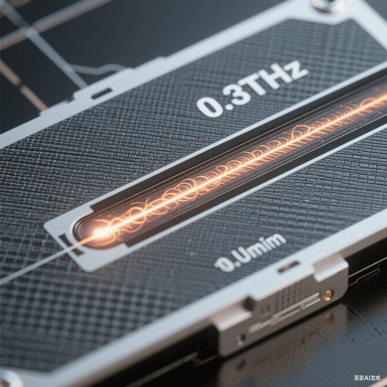 納米級太赫茲波導(dǎo)：石墨烯基板刻蝕1μm導(dǎo)波槽，電磁粒子流沿槽道傳輸，背景頻率標(biāo)注0.3THz