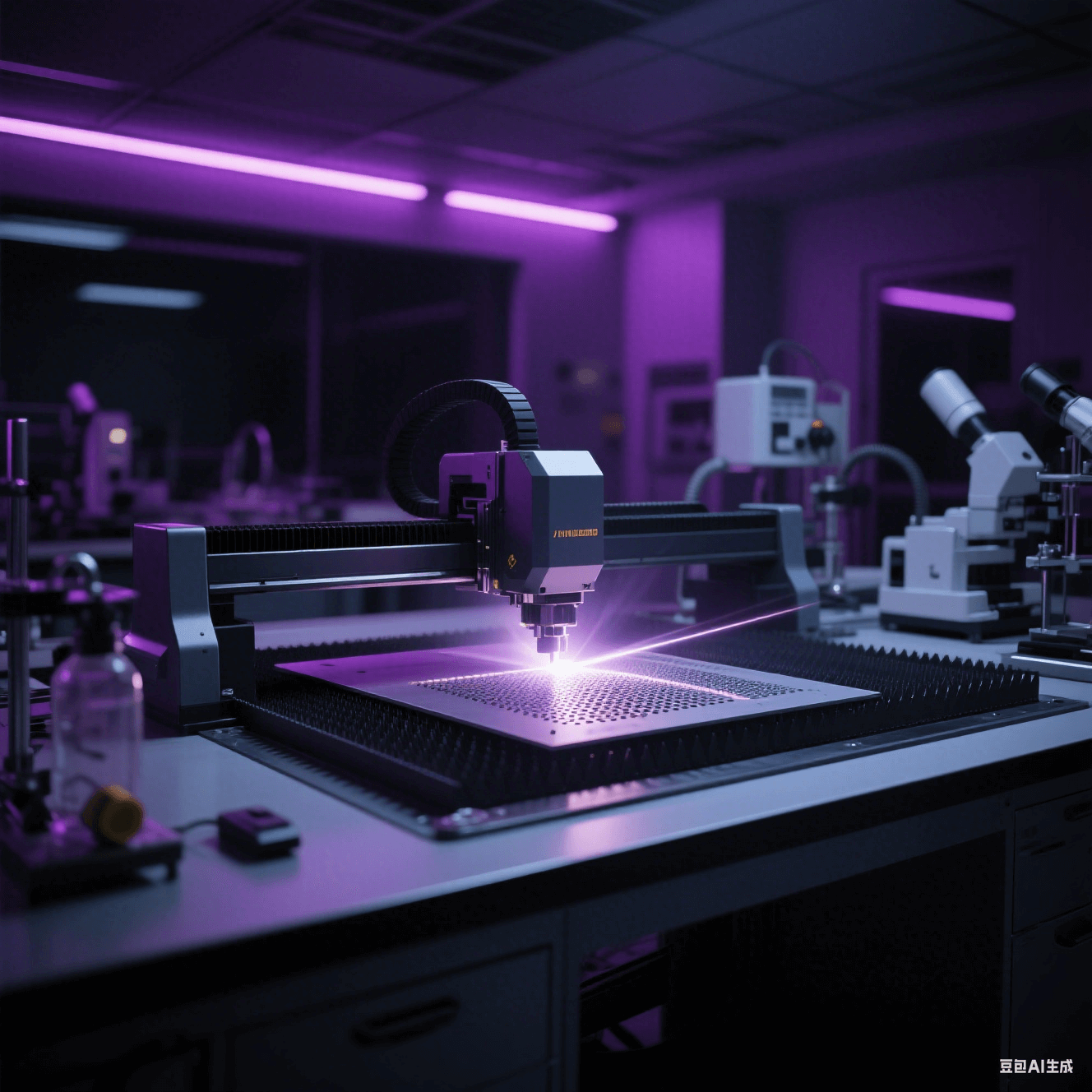 材料實驗室中激光切割設(shè)備對新型微孔加工材料進(jìn)行切割，切割光線照亮實驗室
