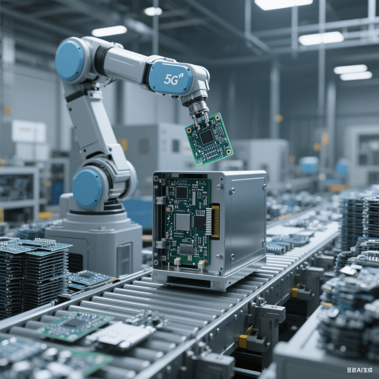 5G 基站組裝車間內機械臂將 PCB 板安裝至金屬外殼，傳送帶堆放待組裝零件