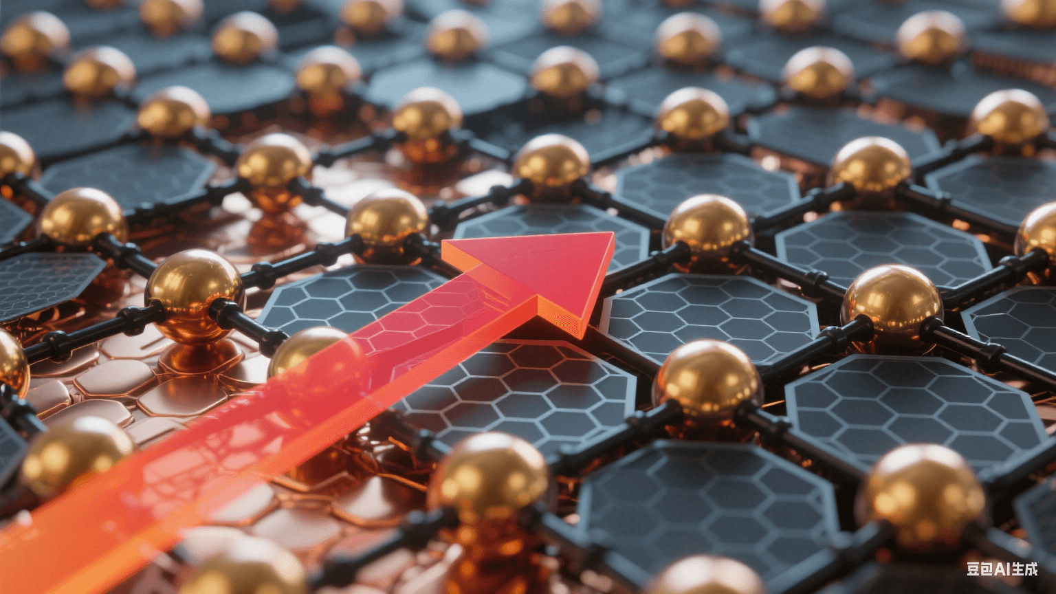 原子級科學(xué)建模風(fēng)的石墨烯片層與銅原子復(fù)合結(jié)構(gòu)模型示意圖