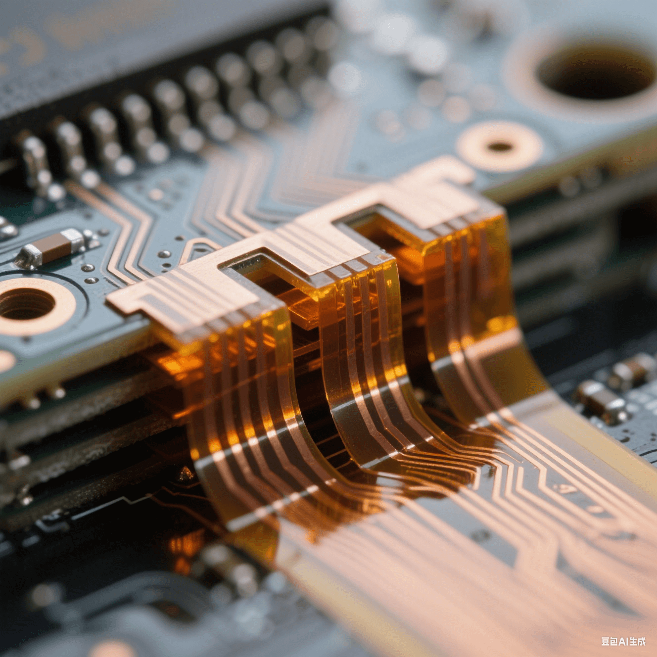 微距攝影：超薄聚酰亞胺薄膜與銅箔交錯疊加的橫截面，琥珀色半固化膠層如琥珀包裹電路，金屬光澤與啞光基材形成材質(zhì)對比