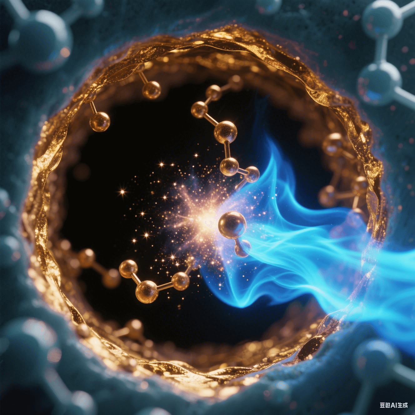 氧等離子體流如藍(lán)色火焰掃過微孔，孔壁表面能提升形成金色親水膜，化學(xué)沉銅離子如星云向孔內(nèi)聚集 