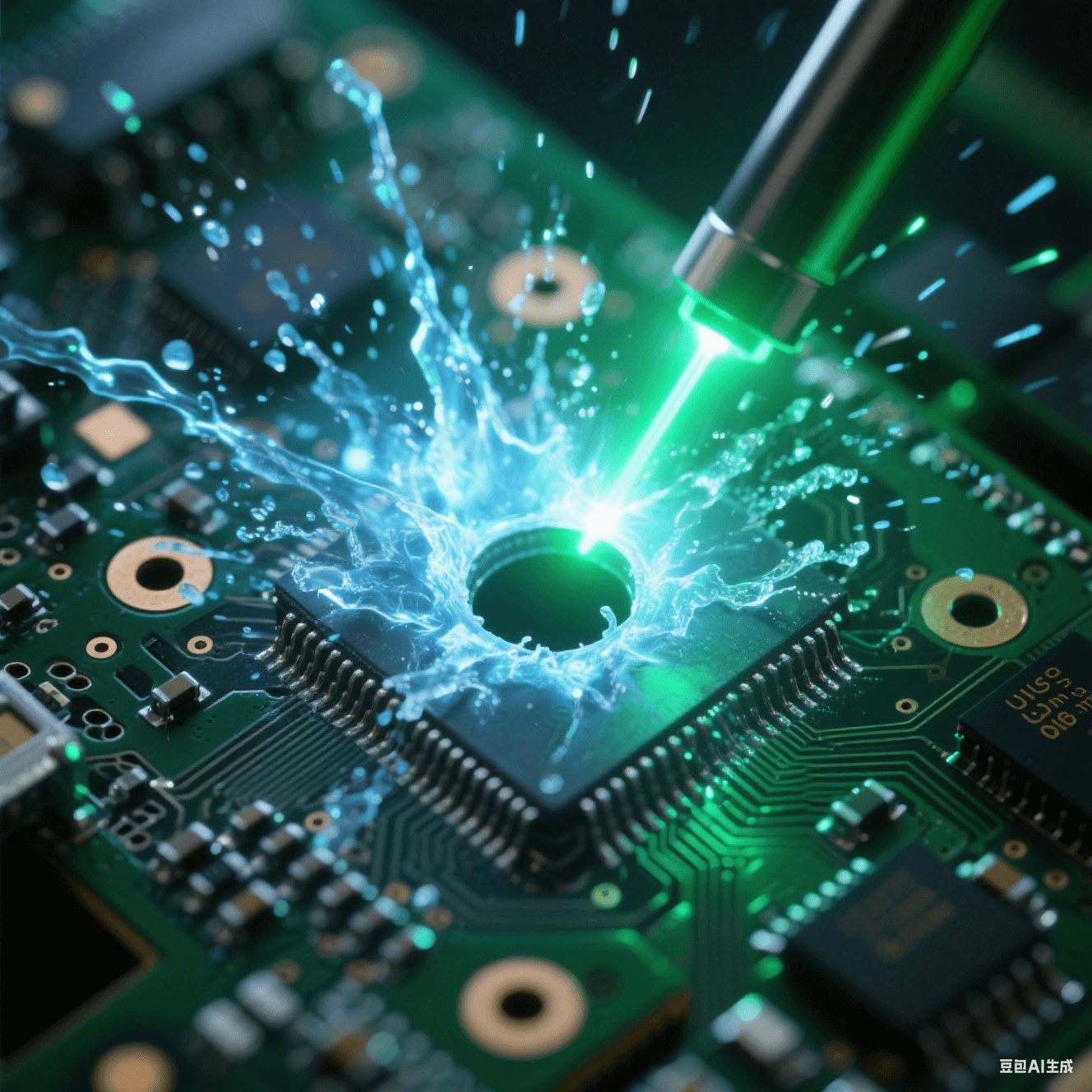 532nm綠激光脈沖穿透電路板瞬間，等離子體藍(lán)光從0.1mm孔內(nèi)爆發(fā)，熱影響區(qū)控制在3μm內(nèi)的冰凍特效