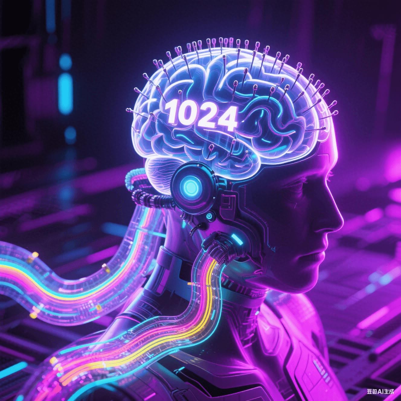 1024通道柔性電極陣列植入透明腦模型，思維脈沖化作彩色光波沿透明電路傳遞，賽博朋克紫調(diào)光影