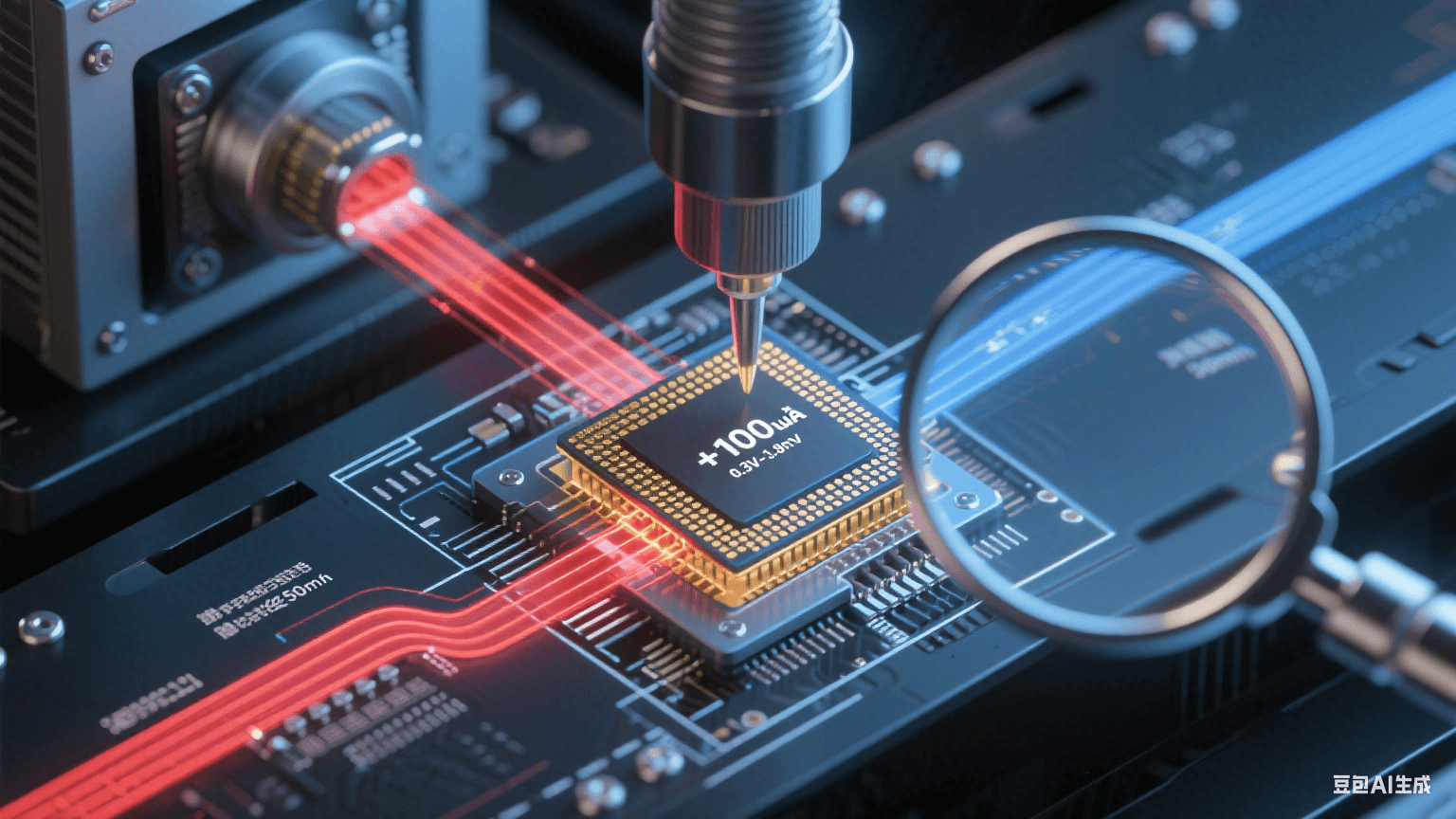 ATE測(cè)試信號(hào)閉環(huán)流程圖：紅色激勵(lì)信號(hào)經(jīng)50Ω微帶線輸入BGA芯片，金色響應(yīng)信號(hào)返回ATE機(jī)臺(tái)，顯微特寫(xiě)顯示±100μA電流在0.3V-0.8V保護(hù)二極管測(cè)試區(qū)間