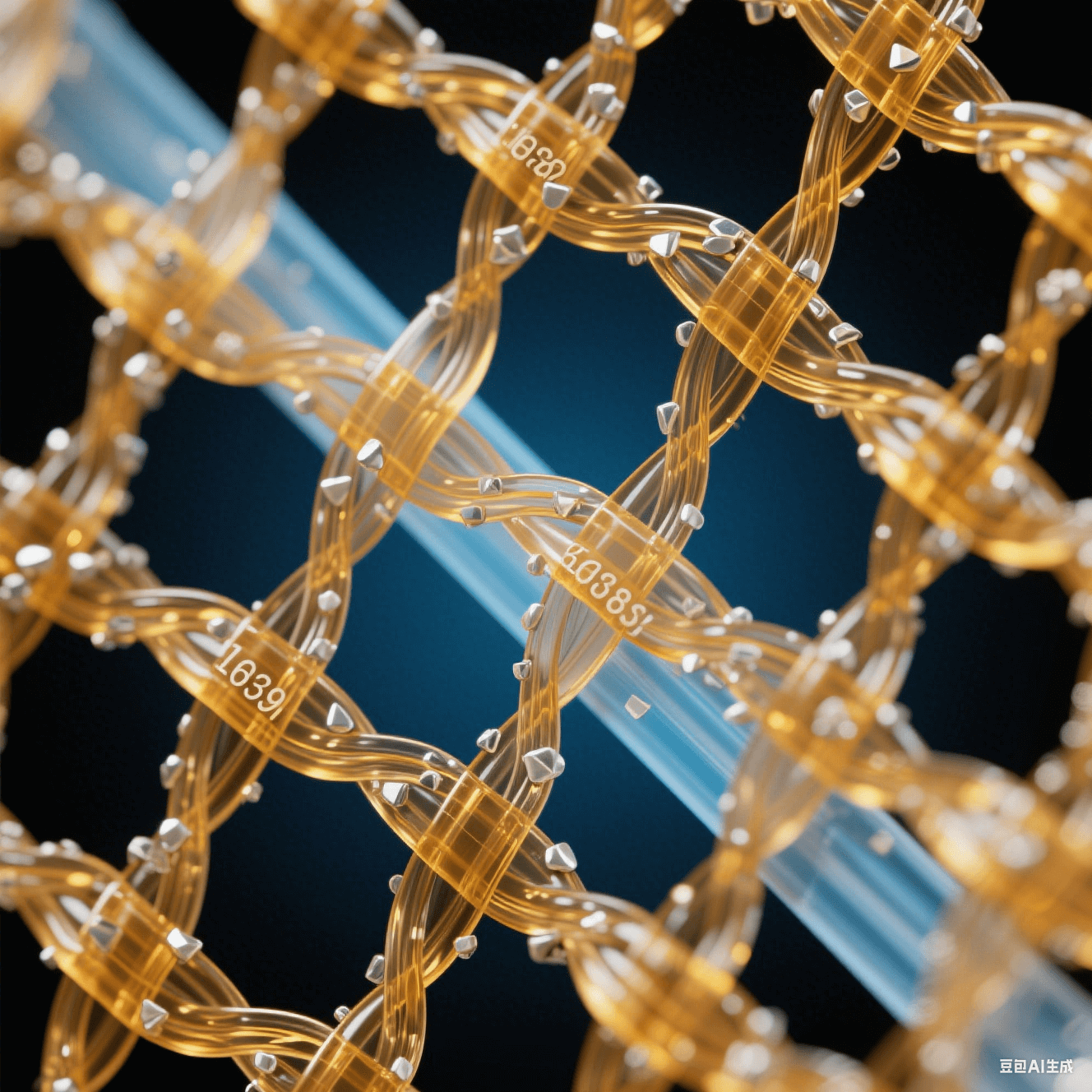 透明玻璃纖維束嵌入琥珀色環(huán)氧樹(shù)脂網(wǎng)格，表面附著銀白色納米顆粒，冷藍(lán)背光突顯三維網(wǎng)狀復(fù)合結(jié)構(gòu)