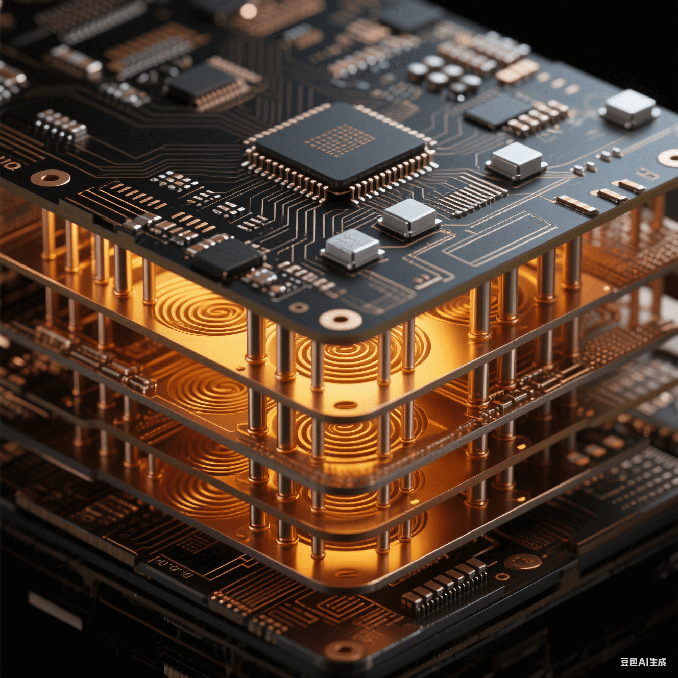 電鏡級HDI板3D堆疊截面，銀灰陶瓷電容嵌入層間介質(zhì)，螺旋銅孔與散熱銅柱展現(xiàn)2.5D封裝材料界面科學(xué)