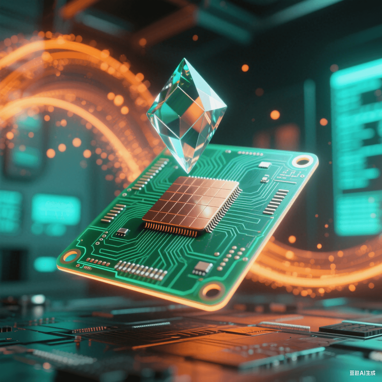 懸浮透綠PCB被激光網(wǎng)格掃描，交匯點(diǎn)凝結(jié)飄浮菱形水晶，銅厚光帶投射陰影，霓虹粒子流抽象數(shù)據(jù)庫(kù)青橙光霧彌漫