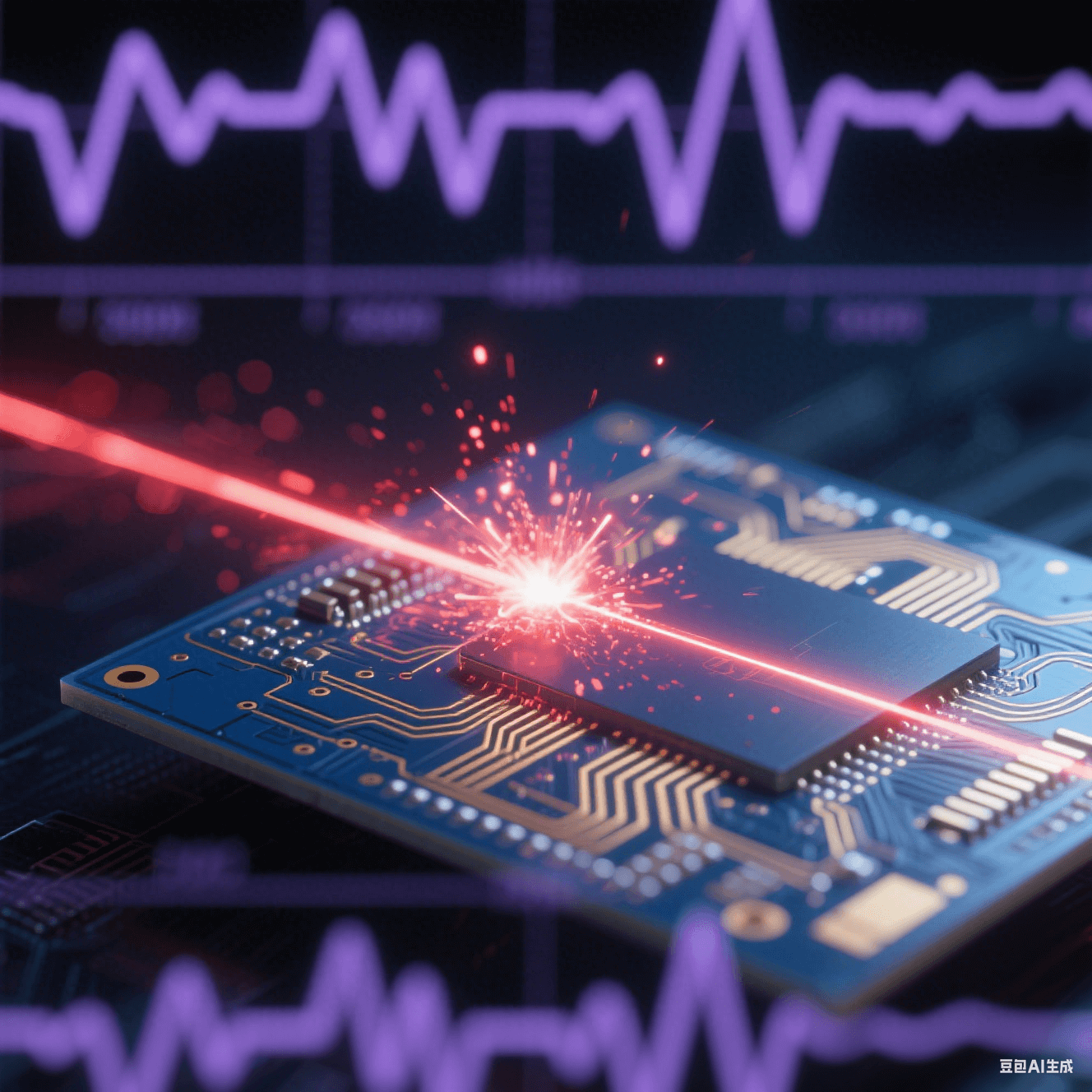 深藍(lán)色PCB上金色電路脈沖激光傳輸，末端爆裂為紅色粒子霧，背景虛化示波器波形與冷紫色工業(yè)激光束，高對(duì)比玻璃纖維紋理微觀呈現(xiàn)