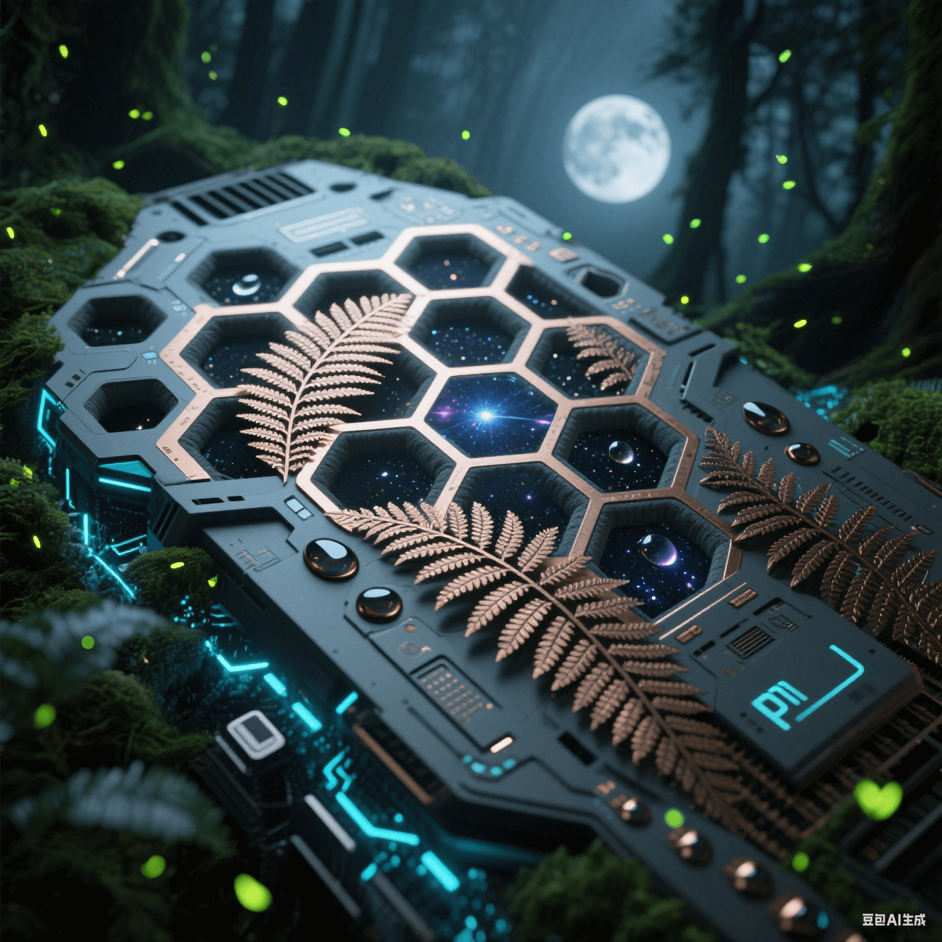蜂巢結構 PTFE 核心流淌銀河光脈，銅箔生長蕨葉狀散熱紋，液態(tài)金屬焊盤與全息粒子嵌入碳灰緩沖層，月光森林氛圍中飄著螢火蟲光點的未來生態(tài)畫面