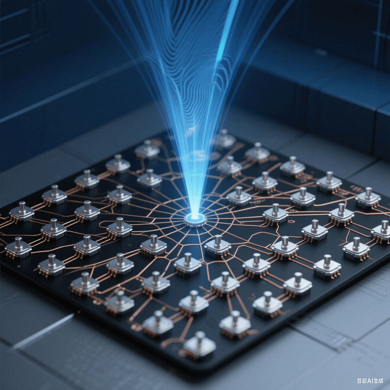 俯視視角的 5G 基站陣列，256 個(gè)銀色金屬觸點(diǎn)呈蜂巢矩陣排布，微米級(jí)銅線交織，漸變藍(lán)光束狀毫米波信號(hào)形成干涉波紋，背景深空藍(lán)與霧灰色模擬信號(hào)穿墻衰減