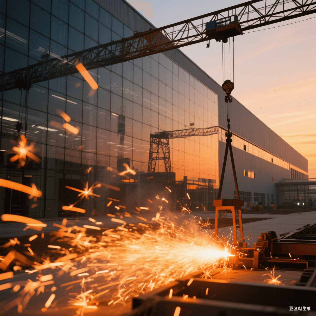 晶圓廠全景，玻璃幕墻映出擴(kuò)產(chǎn)基地輪廓，吊車(chē)剪影與橙色焊光交錯(cuò)