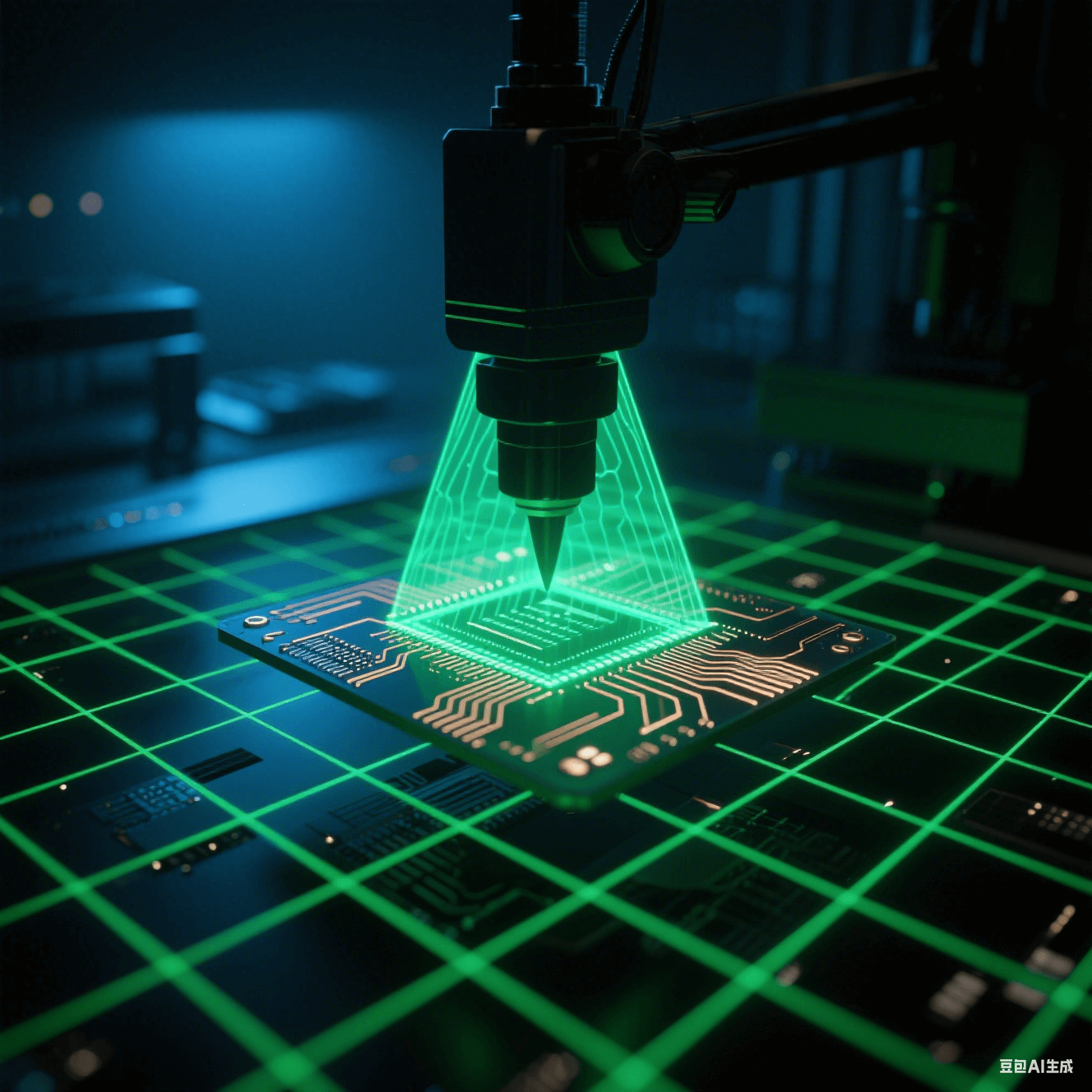 綠色激光網(wǎng)格掃描過懸浮的基板，在銅線路上折射出細密光網(wǎng)。X射線穿透基板形成內(nèi)部結(jié)構(gòu)的翡翠色透視光影，檢測探頭投射銳利三角陰影，背景彌漫電子藍霧光。