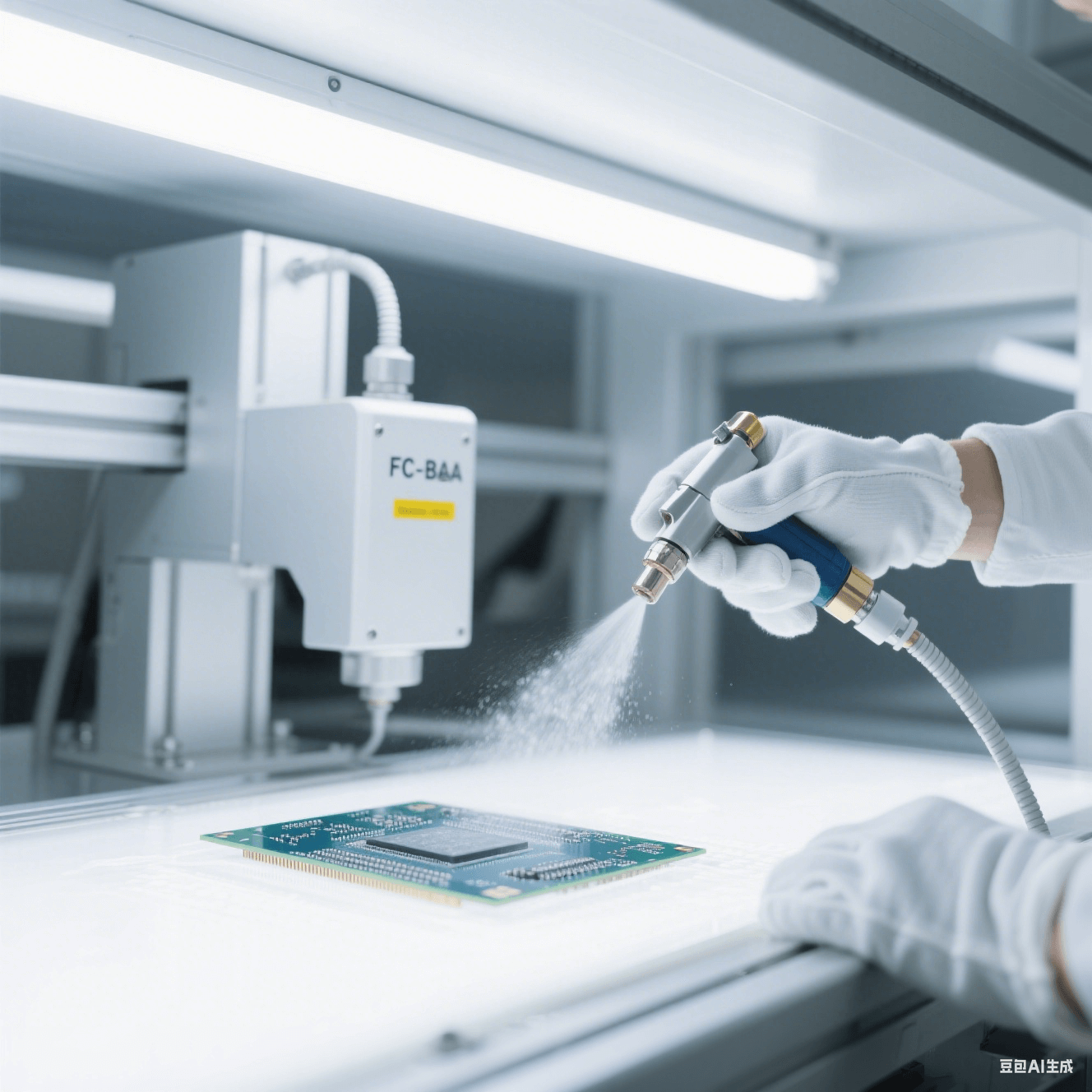 納米級(jí)清潔處理中的 FC-BGA 基板：基板置于超凈工作臺(tái)，清潔設(shè)備噴頭噴出細(xì)小液霧，工作人員戴專業(yè)手套操作，場景在白色潔凈燈光下，凸顯精細(xì)專業(yè)的清潔氛圍。