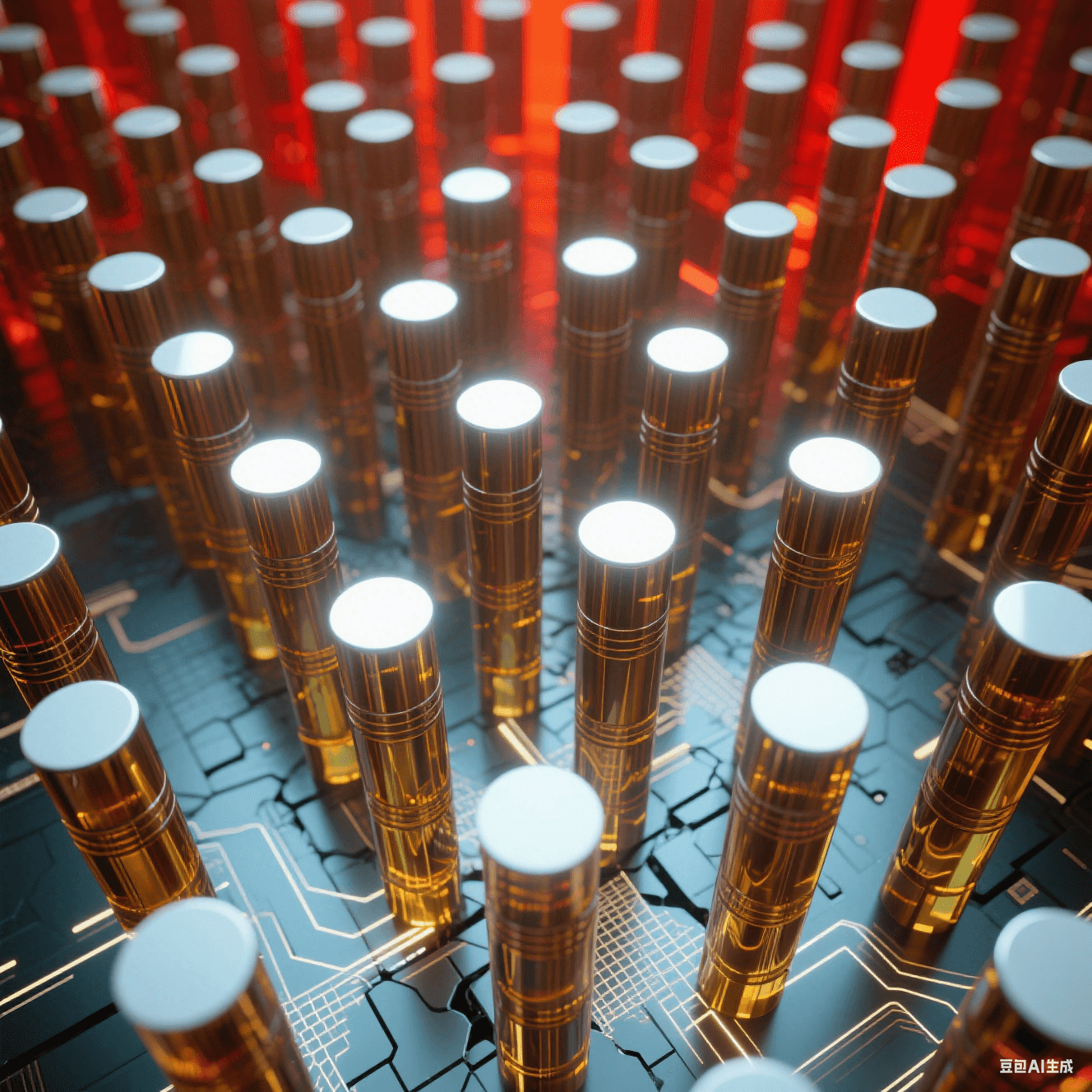 數(shù)百根青銅色圓柱從透明琥珀基材中破壁而出，柱頂平面反射環(huán)境光形成白色高光點。柱體側(cè)壁有精密車削紋理，背景虛化為熾紅色熱成像色塊，底部隱約透出網(wǎng)狀電路熒光。