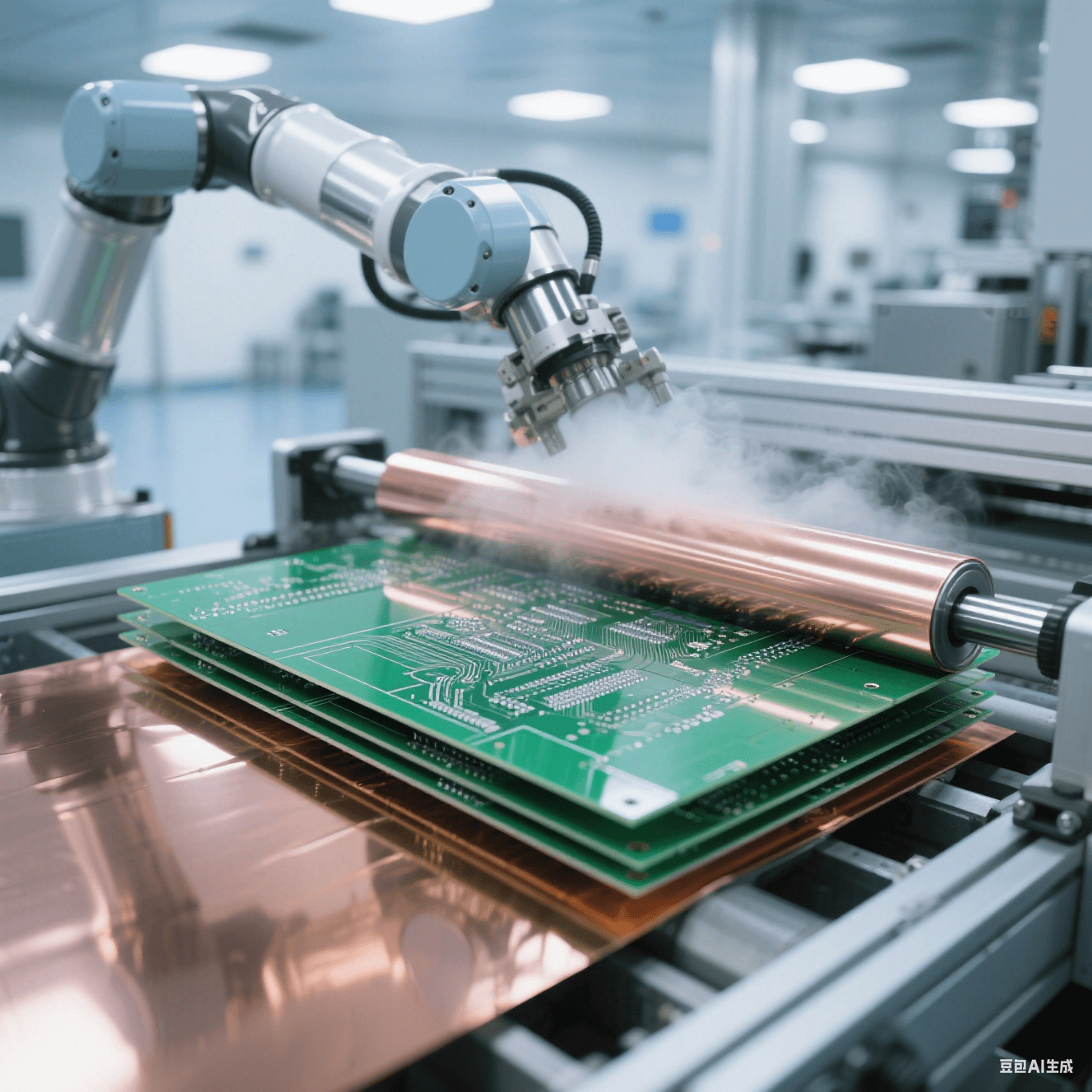 無塵車間機(jī)械臂壓合電路板：翡翠綠基板與古銅色銅箔在金屬輥壓力下融合，虹彩反光流動(dòng)于表面，藍(lán)灰工業(yè)色調(diào)中突出鏡面接觸細(xì)節(jié)
