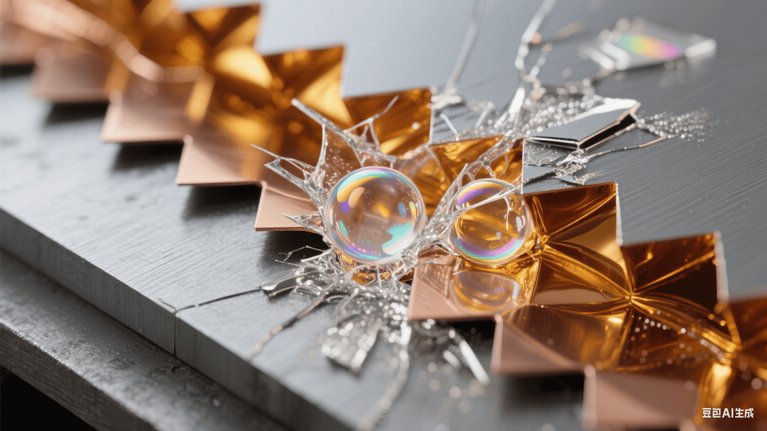 微距俯視：鋸齒狀銅箔縫隙中金色樹脂擠壓氣泡爆裂，碎片化納米銀霧，殘腔邊緣形成虹彩浸潤環(huán)，熱壓板投射幾何陰影