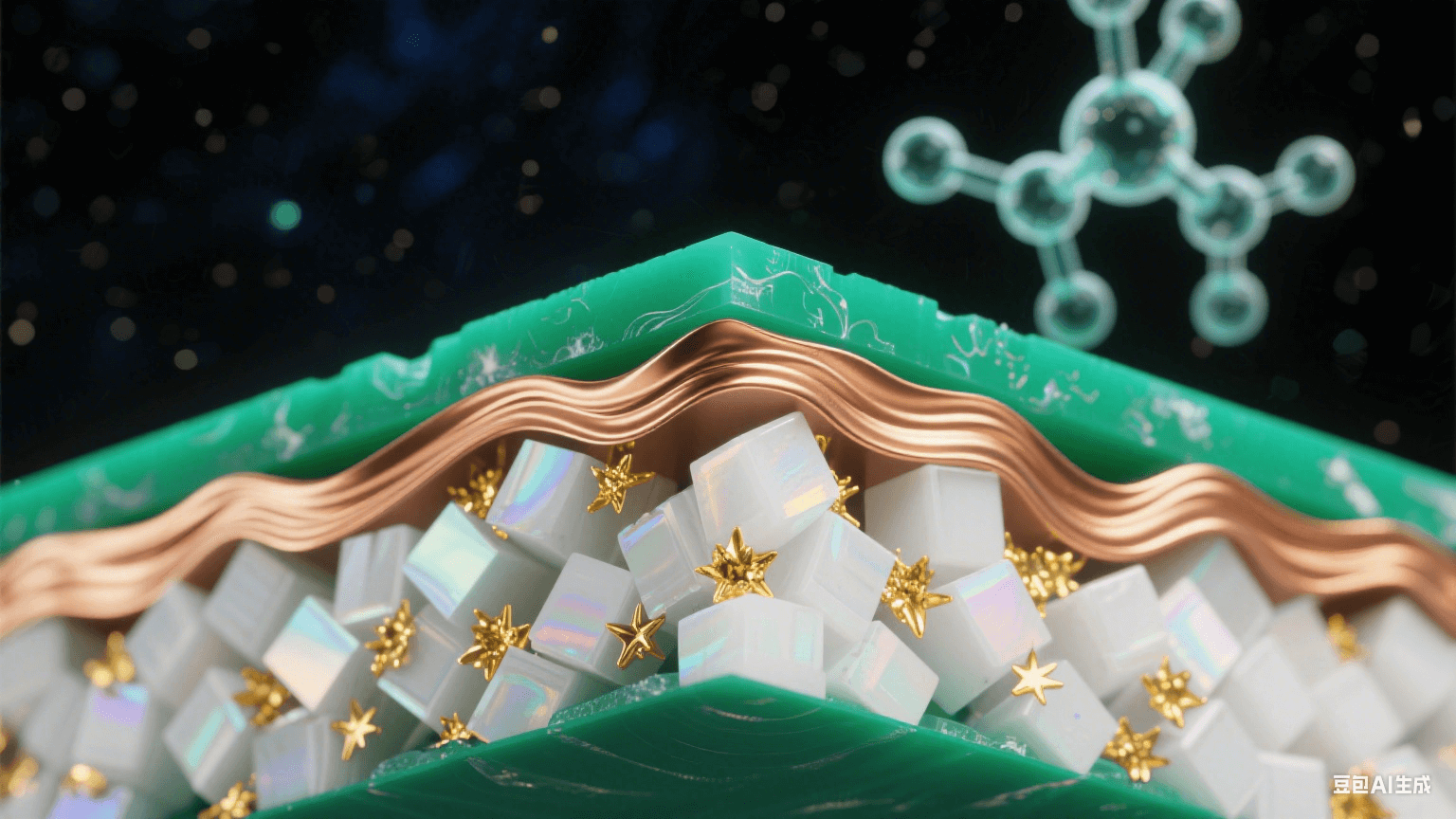 納米級高頻材料橫截面顯微圖，陶瓷填充PTFE基材形成翡翠綠與珍珠白晶體，黃金色導電粒子如星云散布，覆銅層呈熔金流體質感，熱應力波紋以虹彩漣漪呈現，背景懸浮柔光分子結構模型
