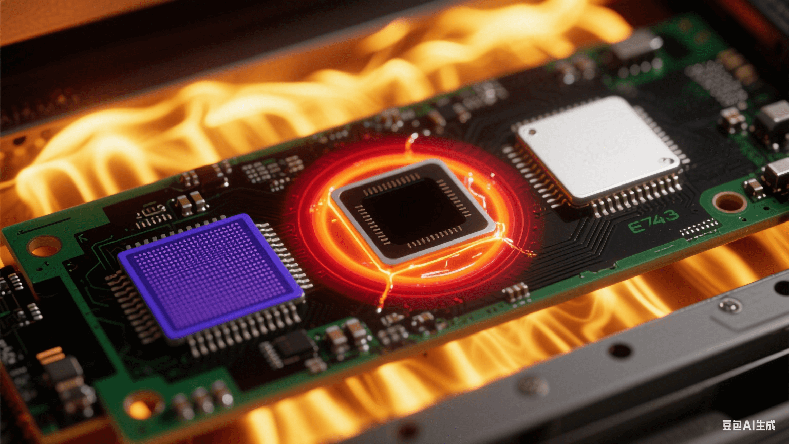 回流焊中 BGA 芯片三大缺陷熱成像：左下角虛焊（深藍低溫區(qū)）、右上角橋連（白熾熔融焊料）、中心空洞（紅黑環(huán)形熱梯度）