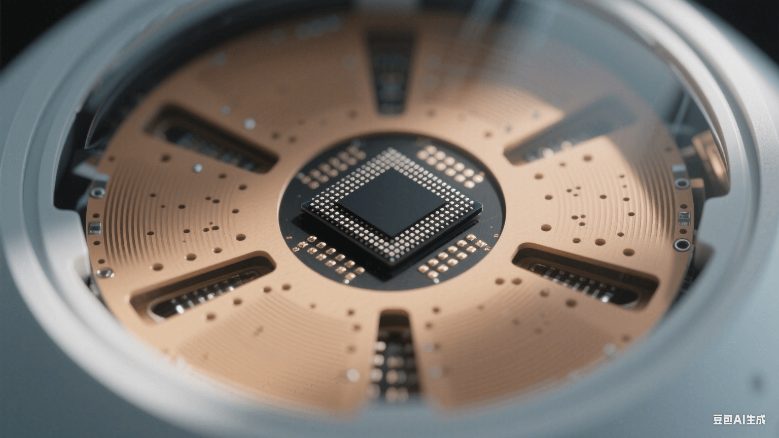 自動駕駛雷達(dá)內(nèi)部結(jié)構(gòu)：圓形主板中央有黑色芯片，周圍是淺棕色介質(zhì)波導(dǎo)（金屬過孔點陣如網(wǎng)格）