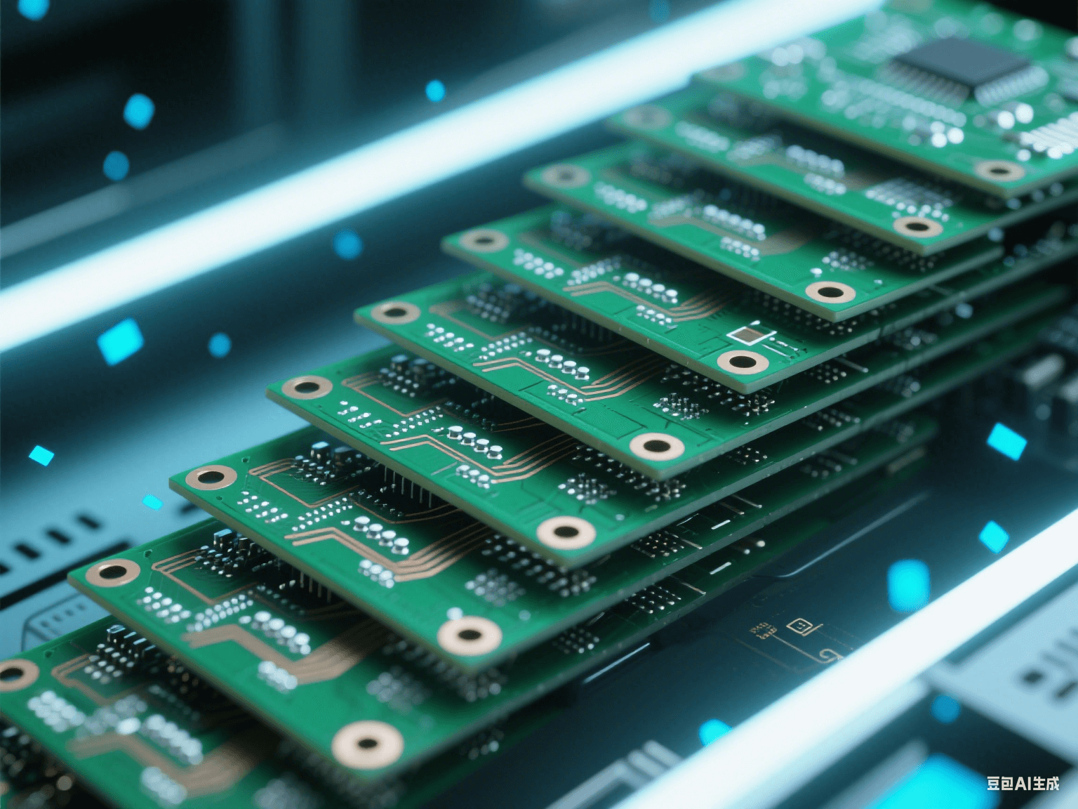5G 基站內(nèi)部電路板局部，多塊 PCB 階梯狀堆疊，帶銀白色焊點與銅色走線，冷光下顯科技感