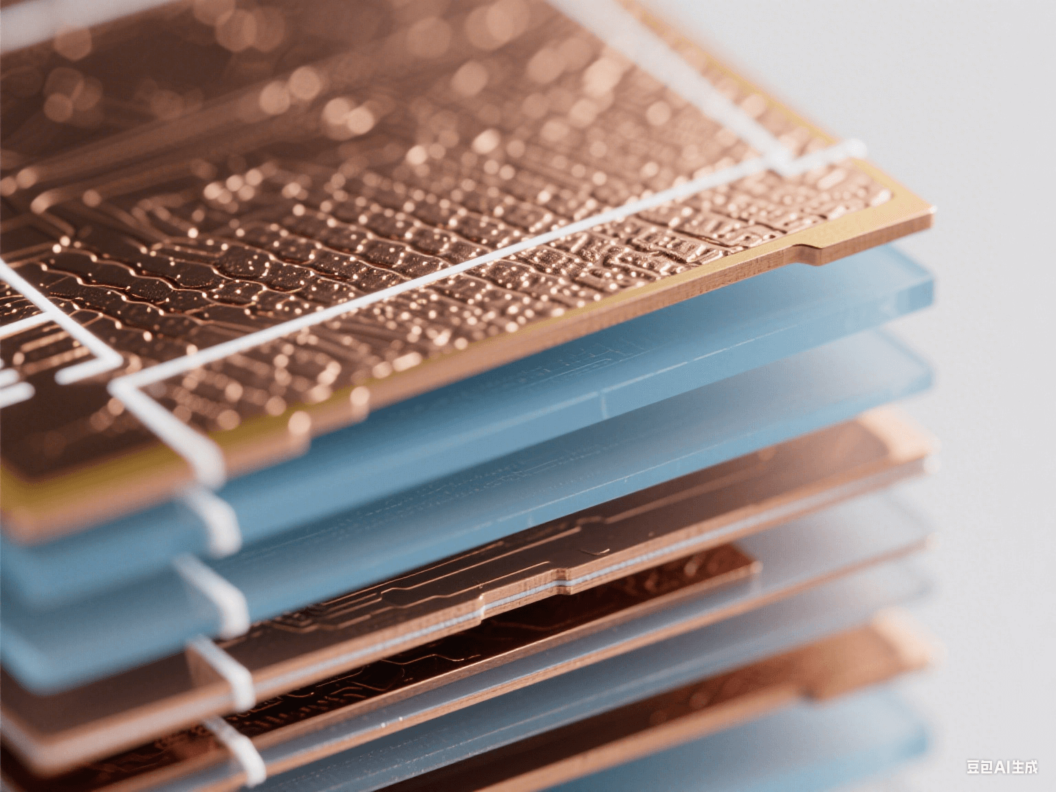 顯微鏡下 PCB 疊層細(xì)節(jié)，銅箔帶納米紋理，淡藍(lán)色半透明介質(zhì)層，頂光下顯微觀精密結(jié)構(gòu)