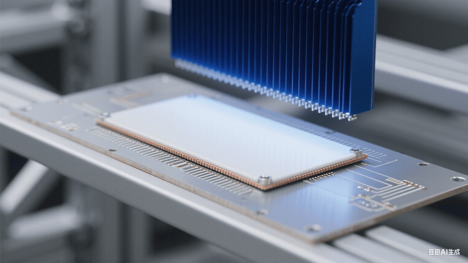 銀灰色鋁基板水平放置，表面覆白色陶瓷層，邊緣露出 0.5mm 銅箔線路；上方 3cm 懸深藍色散熱片，間有銀色導熱膏，頂部冷藍光形成銳利邊緣陰影