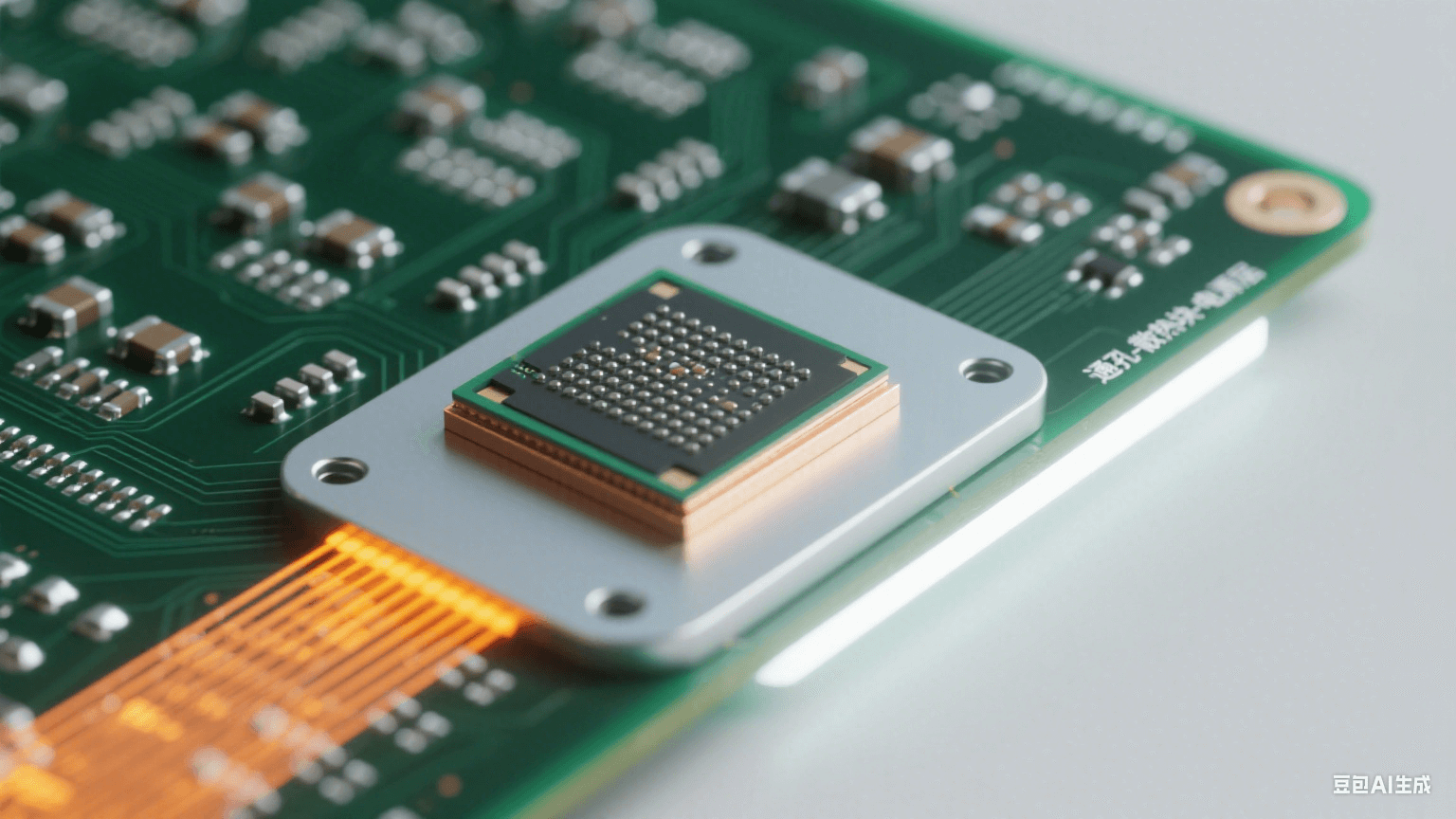散熱設計細節(jié)：雷達板芯片區(qū)域特寫，深綠基板上有銀灰色散熱通孔陣列（孔內填金屬），芯片下淺灰散熱塊與銀白銅質電源層相連，橙黃色熱流光效從芯片沿路徑擴散，冷白光右側照射形成高光