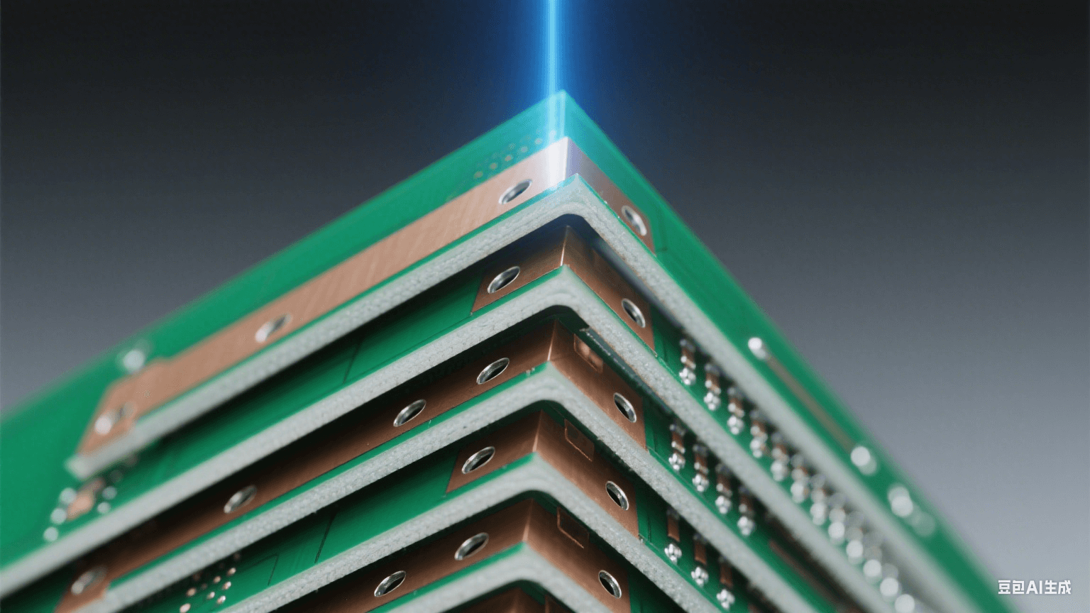 多層 HDI 結構剖面：45° 角展示 8 層堆疊，深綠基板與銀白銅箔交替，層間棕色半固化片填充埋孔 / 盲孔，0.05mm 激光微孔孔壁鍍銀均勻，冷藍光垂直照射凸顯層間精密對準（偏差＜5μm）