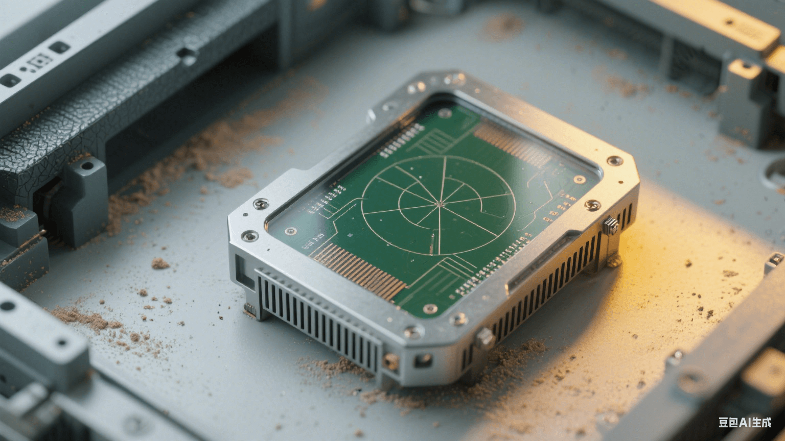 工業(yè)毫米波雷達板環(huán)境：深綠色雷達板傾斜嵌入淺灰設備，表面覆透明三防漆，銀灰色屏蔽罩帶接地彈片，周圍有細微粉塵顆粒，深灰金屬支架帶振動紋理