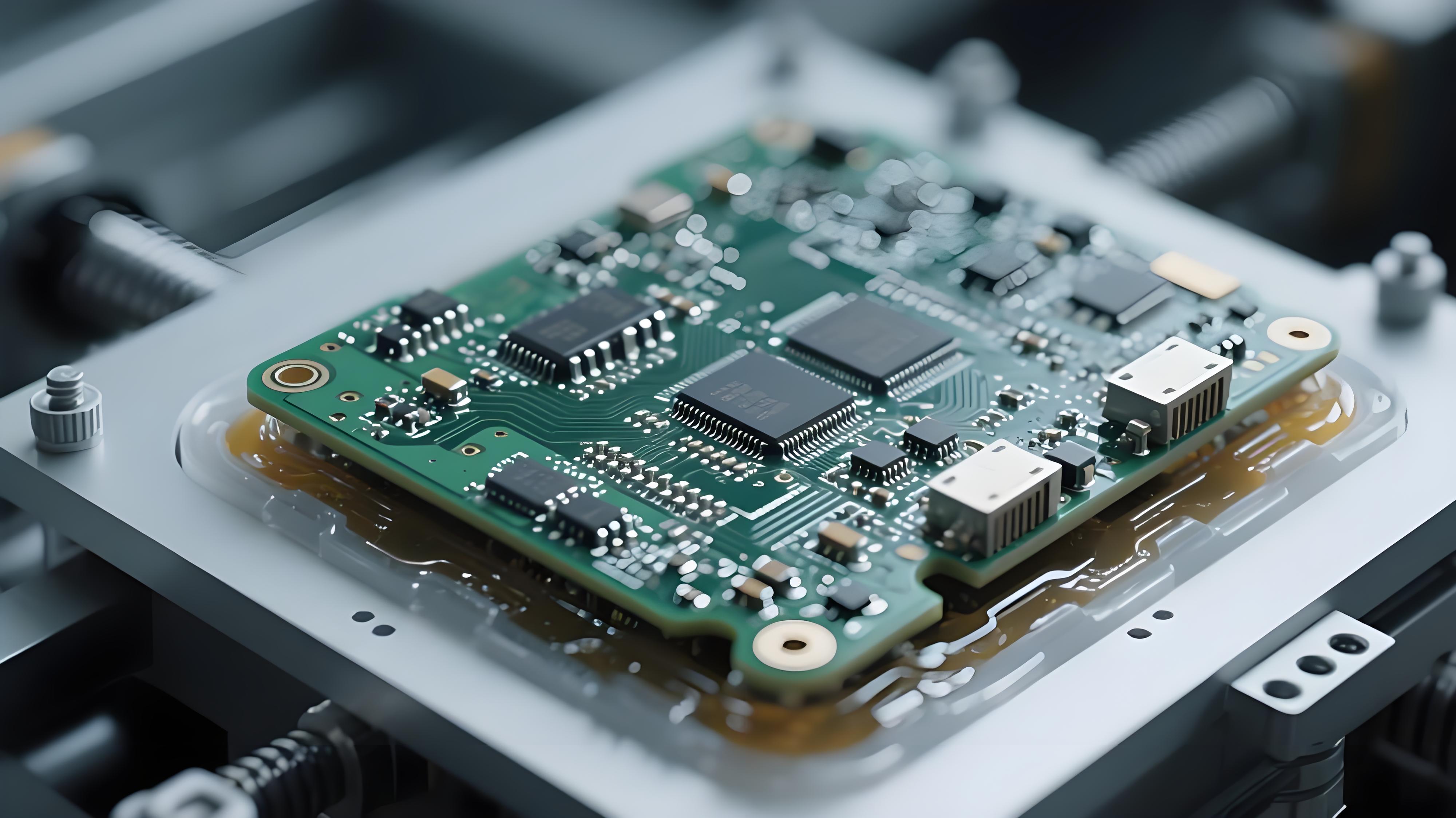 車載電子電路板抗振工藝細(xì)節(jié)展示，突出焊點結(jié)構(gòu)與填充膠技術(shù)