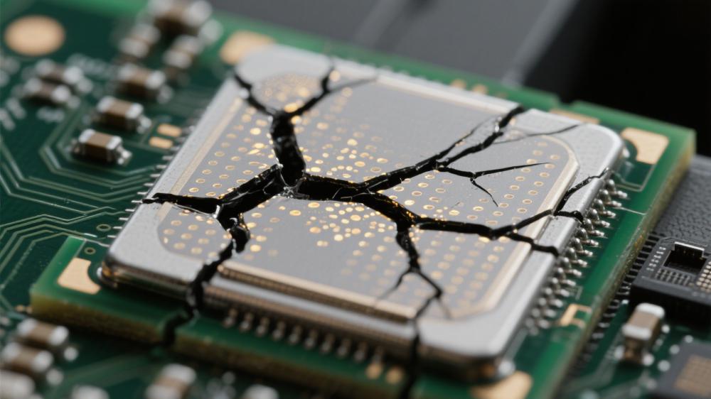 無鉛焊料熱疲勞裂紋擴(kuò)展微觀路徑 黑色裂紋貫穿銀灰色焊料基體 深綠色 PCB 焊點(diǎn)可靠性測試