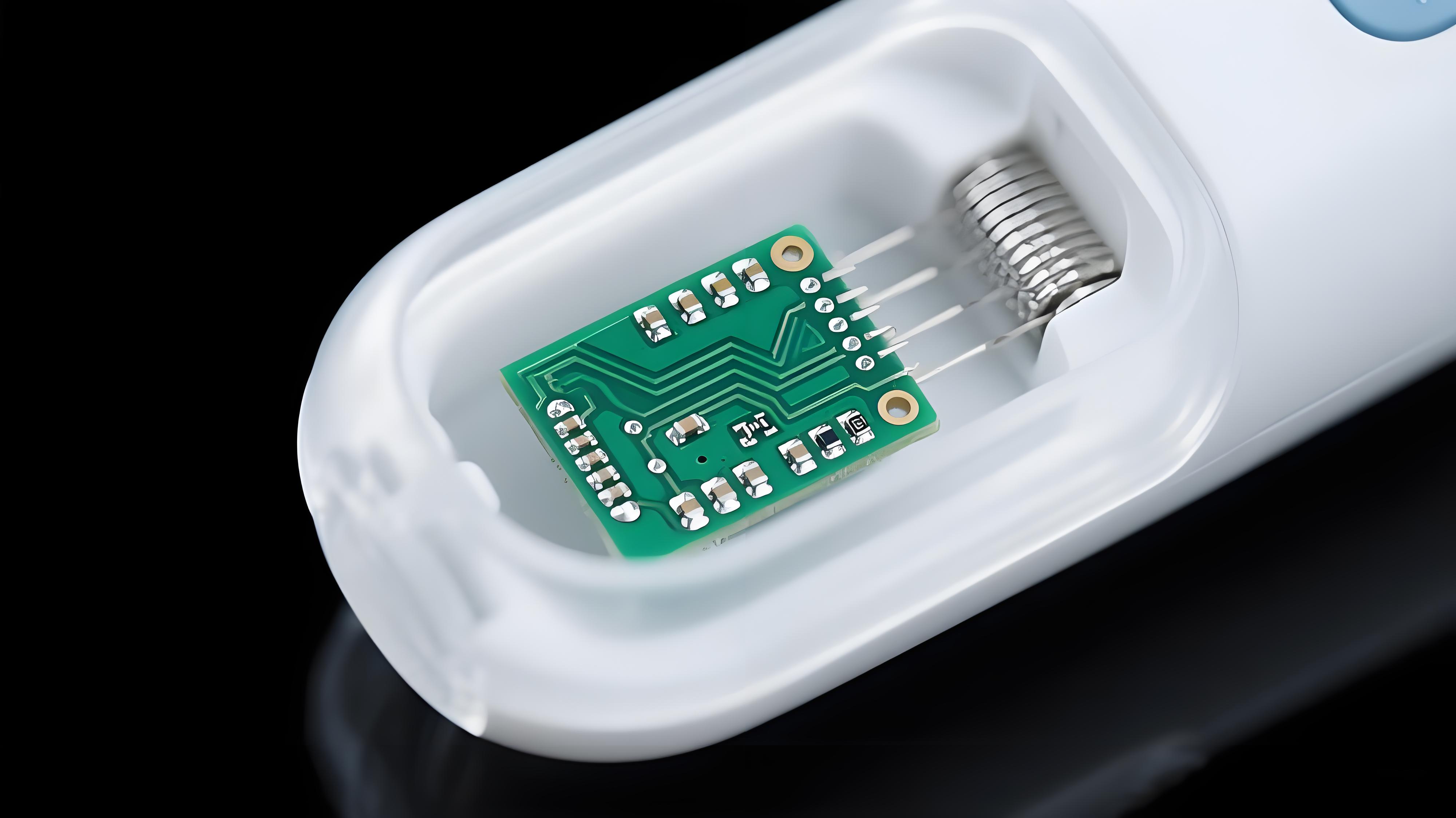 醫(yī)療超聲探頭內(nèi)部微型沉銀PCB板特寫，展示其在醫(yī)療設(shè)備中的精密應(yīng)用