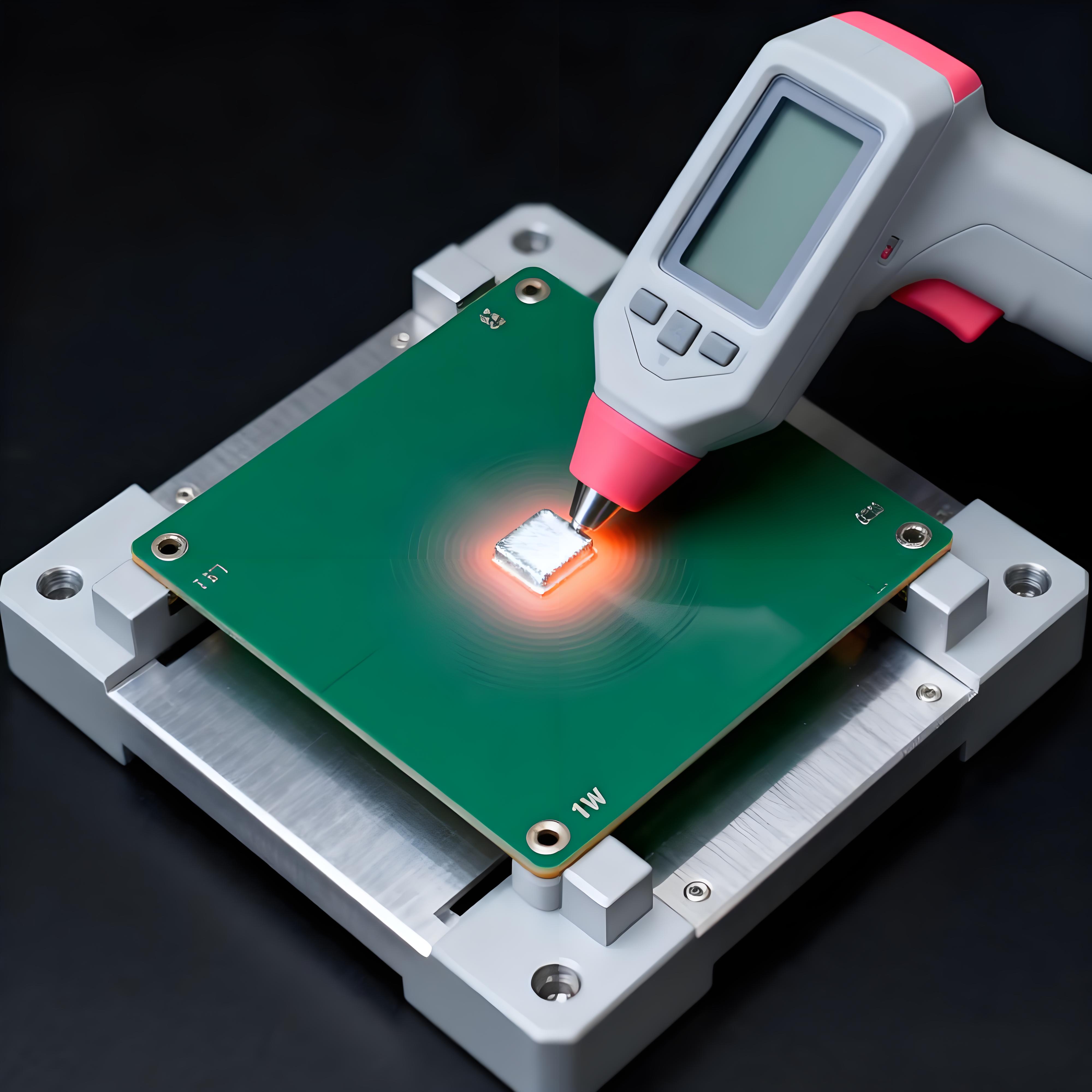 鋁基板熱阻測(cè)試微觀場(chǎng)景，紅外探頭監(jiān)測(cè)焊點(diǎn)熱量擴(kuò)散與溫度梯度