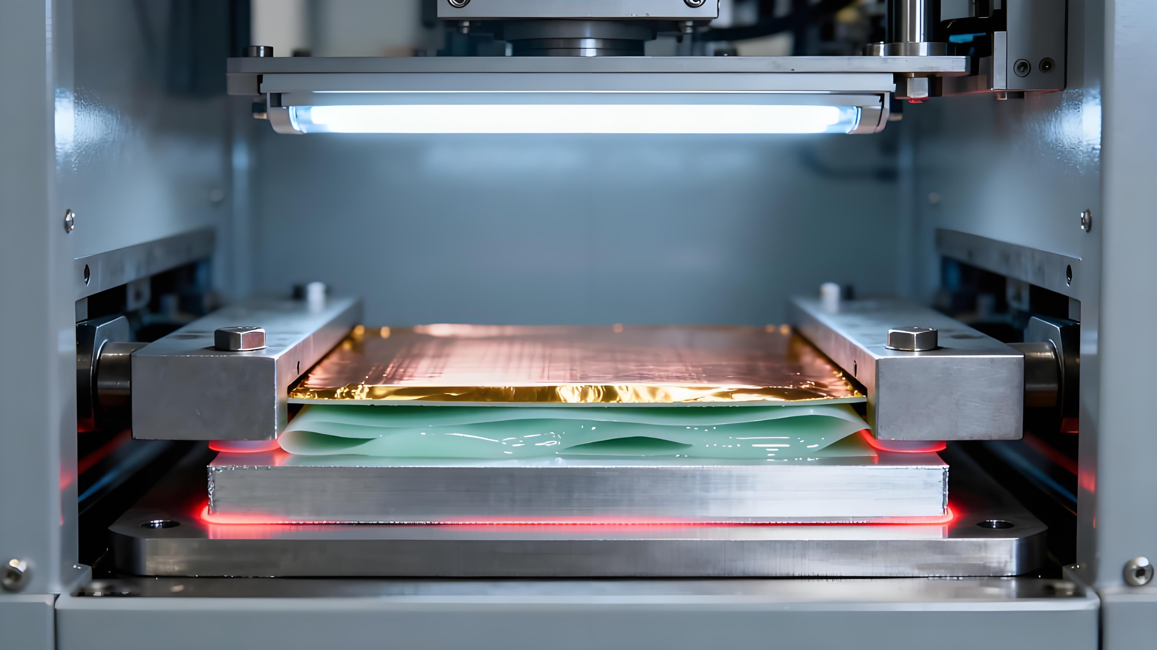 鋁基板絕緣層壓合工藝場(chǎng)景，銅箔、導(dǎo)熱絕緣膠膜與鋁板在高溫高壓下緊密貼合