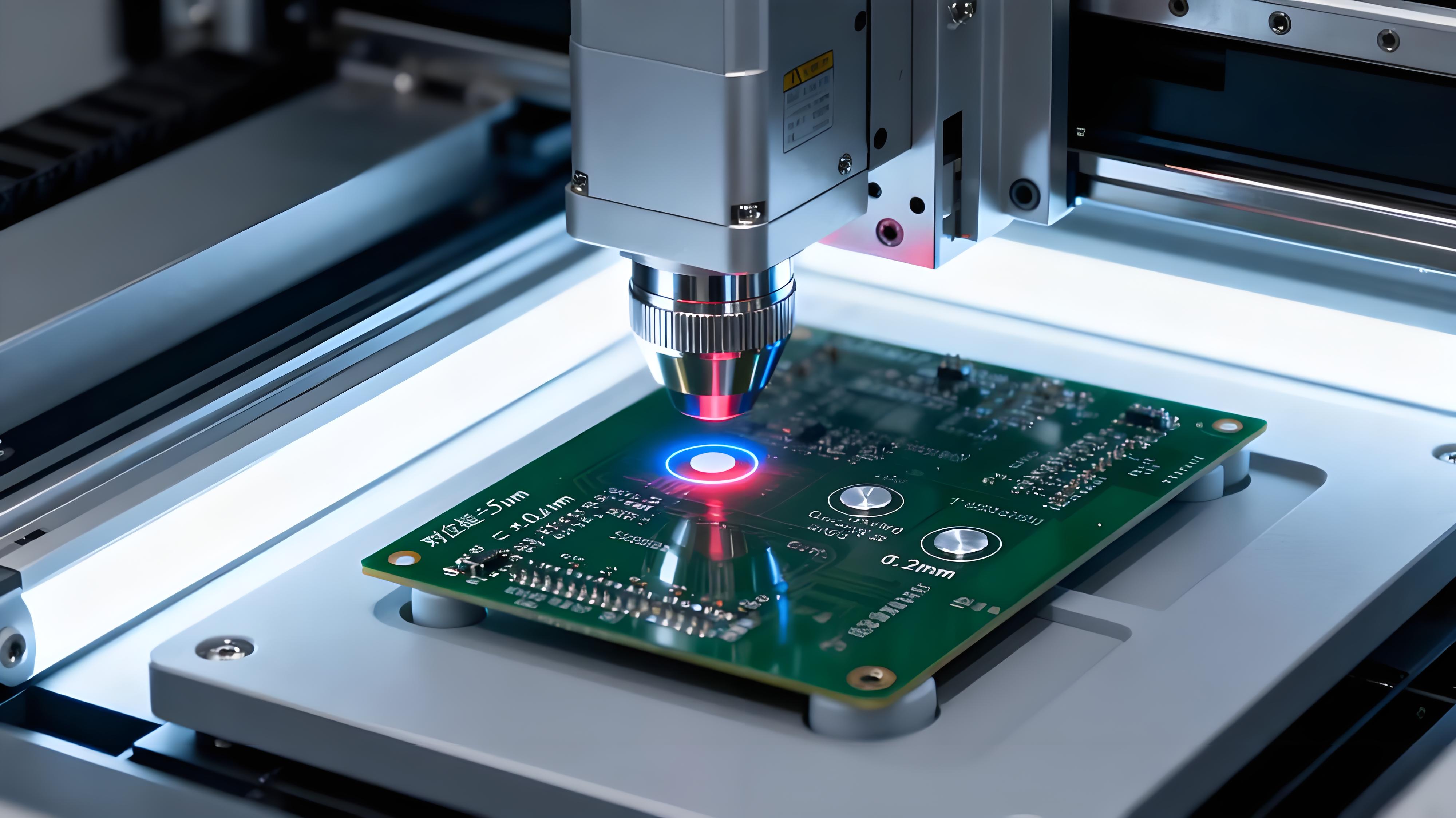 激光鉆孔設(shè)備CCD視覺對(duì)位場(chǎng)景，±5μm誤差校準(zhǔn)銀白色靶標(biāo)