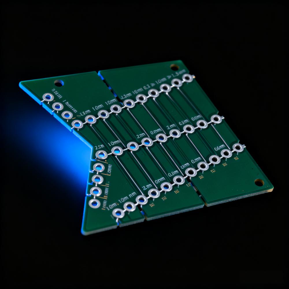 PCB異形拼板郵票孔連接特寫，1.0mm孔徑+2.5mm孔間距，連接筋寬度0.6mm遠(yuǎn)離BGA焊盤