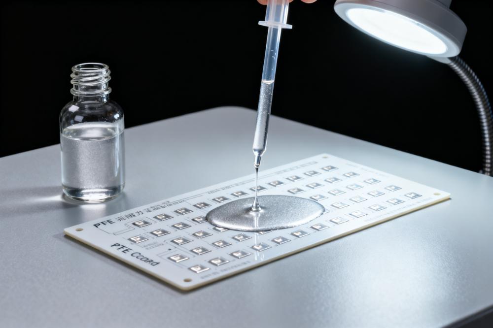 PTFE PCB沉銀表面處理場景，淡銀色溶液在銅焊盤形成均勻沉銀層無鼓泡