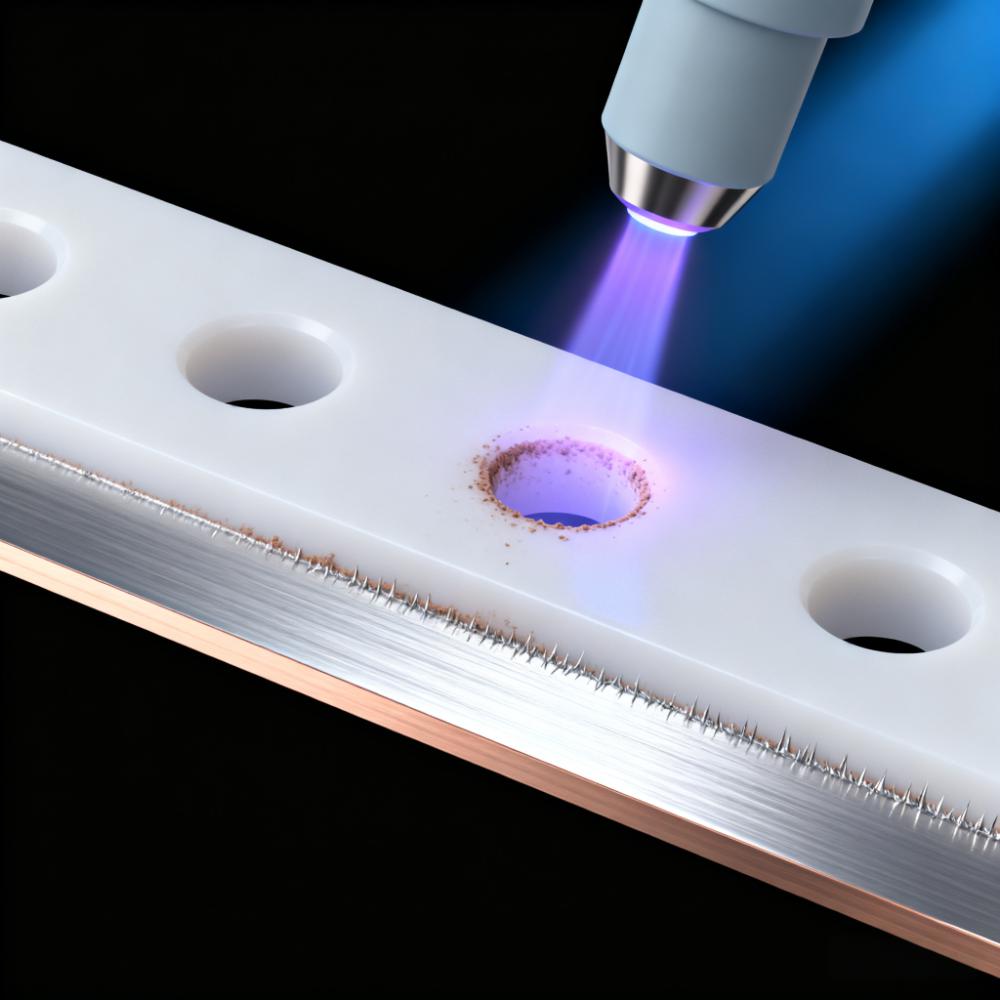 PTFE PCB鉆孔后等離子體去鉆污場景，淡紫色等離子體去除孔壁殘留鉆污