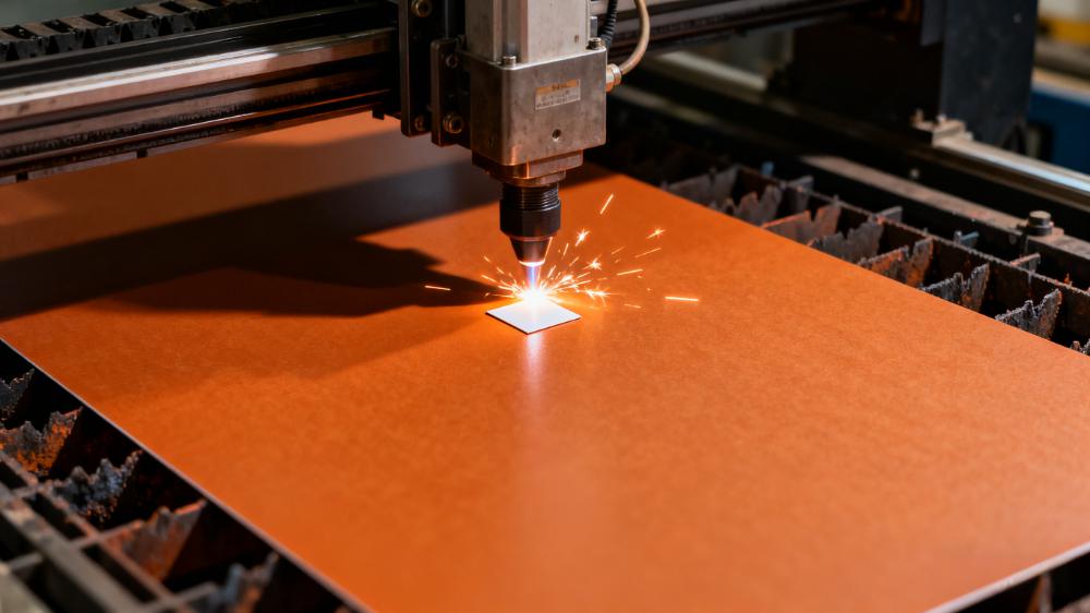 高頻板材介電常數(shù)測試-樣品制備流程，激光切割機正在精密切割PTFE高頻板材樣品