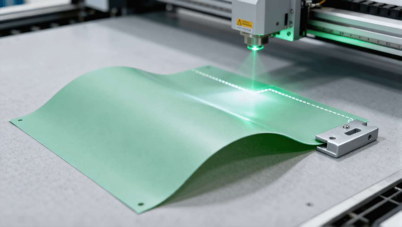 柔性 PCB 激光輪廓切割場景，淡綠色激光無應(yīng)力切割 PI 板邊緣整齊