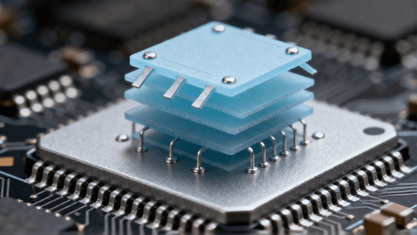 感器三維堆疊，淡藍(lán)色傳感器與銀灰色處理芯片