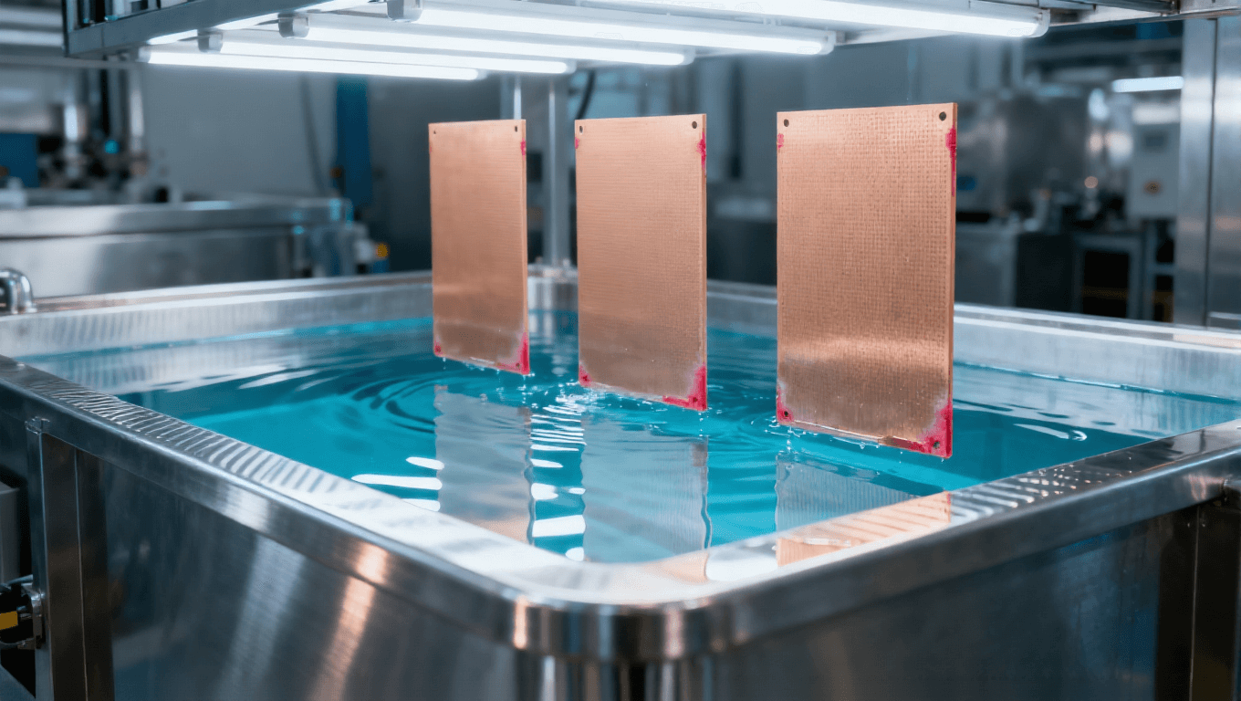 PCB半加成法SAP工藝化學(xué)鍍銅工序場(chǎng)景，展示立式銀灰色金屬鍍銅槽、透明藍(lán)色鍍液及FR-4基板，高端PCB制造車間環(huán)境