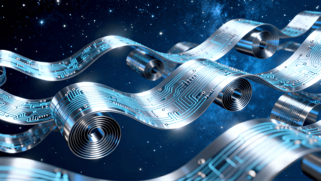 多形態(tài)可折疊電路板三維展示，體現(xiàn)超彈性材料支持的卷曲、螺旋等未來設(shè)備形態(tài)