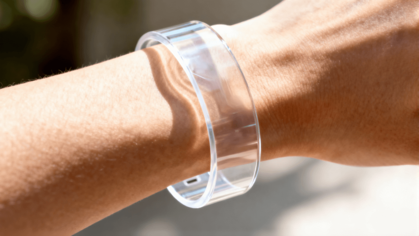 集成超彈性電路的可穿戴設備在手腕上的應用，體現(xiàn)其柔韌性與舒適度