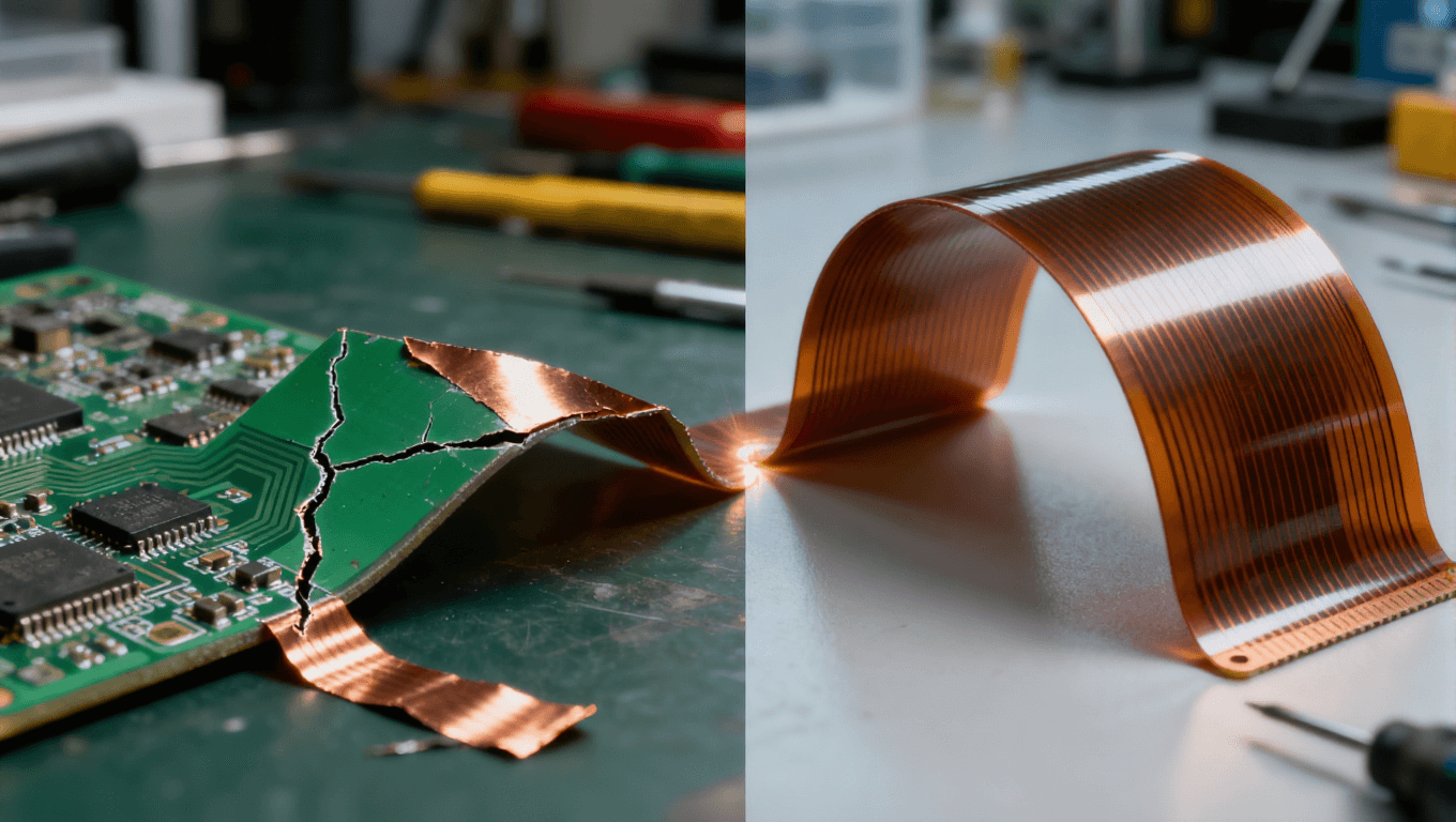 傳統(tǒng)剛性電路板與超彈性柔性電路板彎折對比，凸顯柔性電路在反復折疊下的耐用性