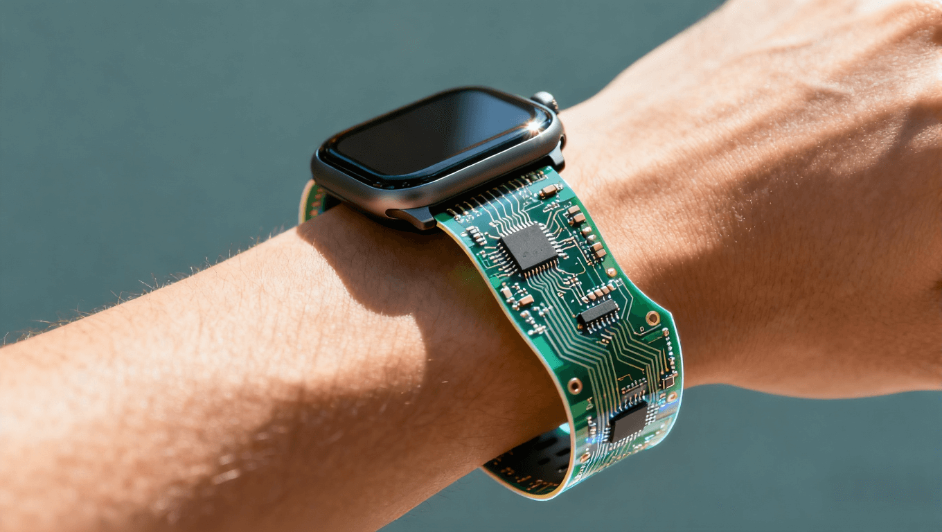 佩戴在手腕上的智能手表，電路板集成于表帶，突顯彎曲設(shè)計(jì)